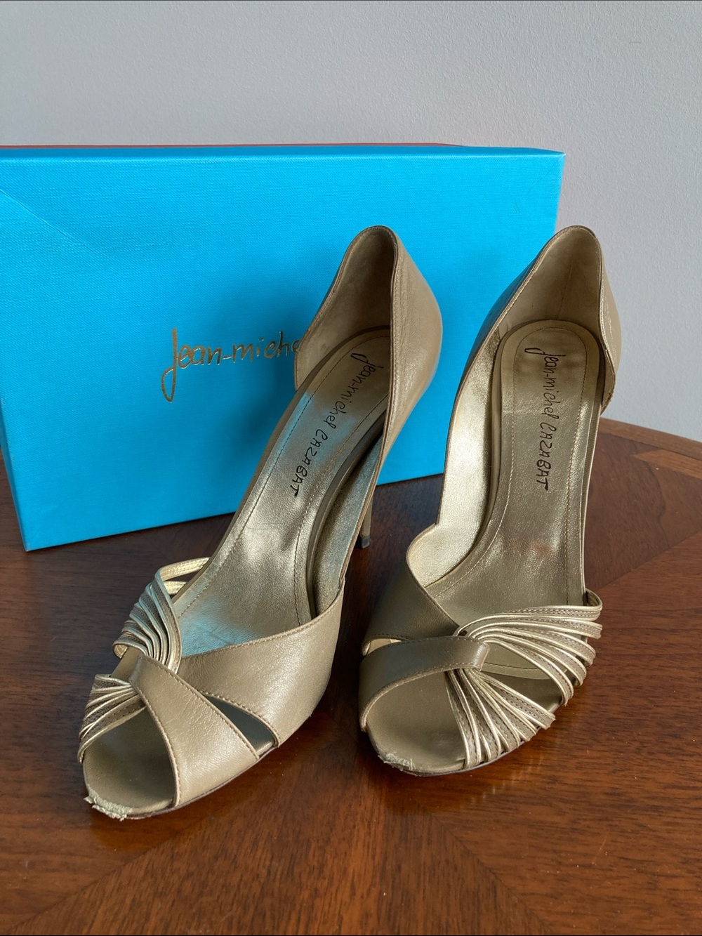 Jean-Michel Cazabat Metallic Gold Knotted Peep-Toe Heels